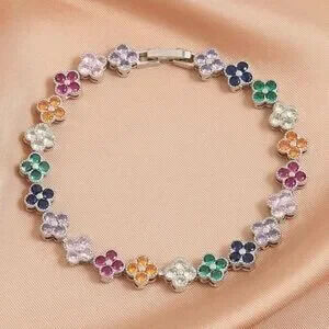 Silver Rainbow Flower Tennis Bracelet Colorful Crystal Bracelet